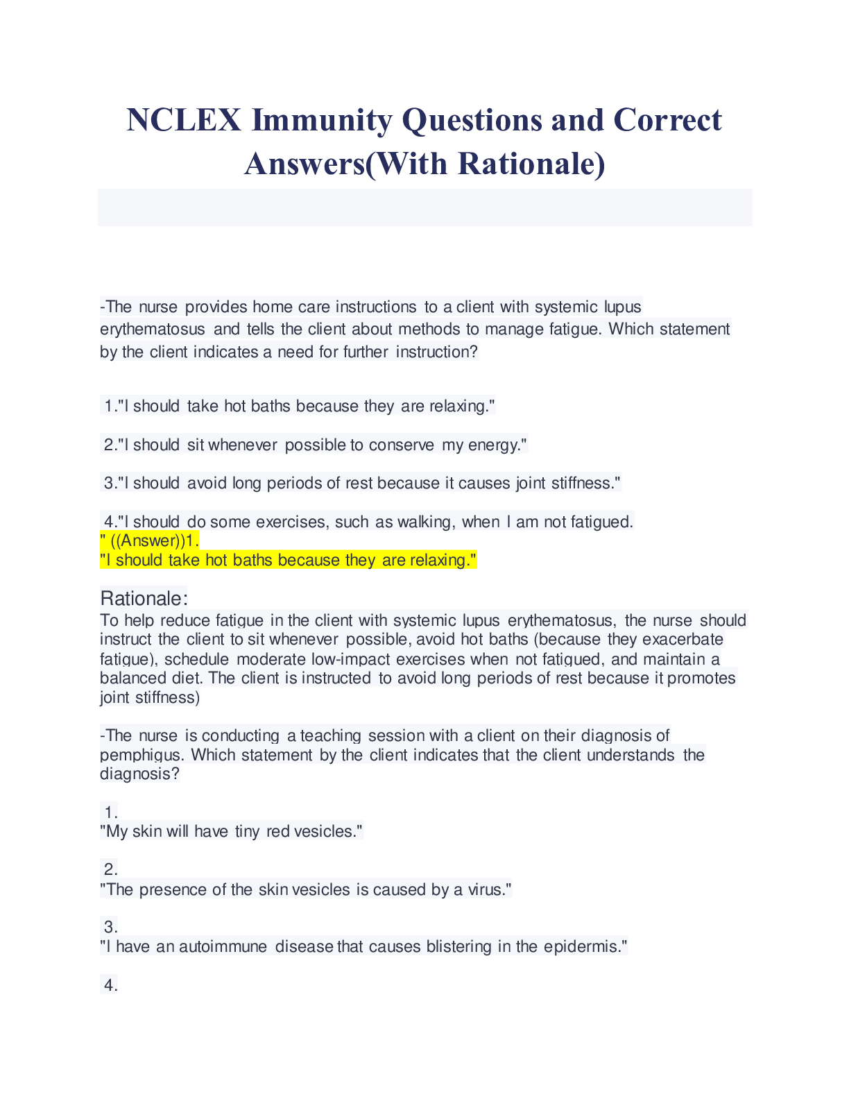 Preview image for NCLEX Immunity Questions and Correct Answers(With Rationale)